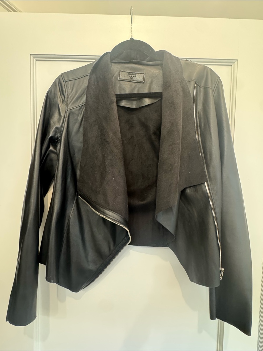 BlankNYC Women's Black Faux Leather Drape Front Jacket